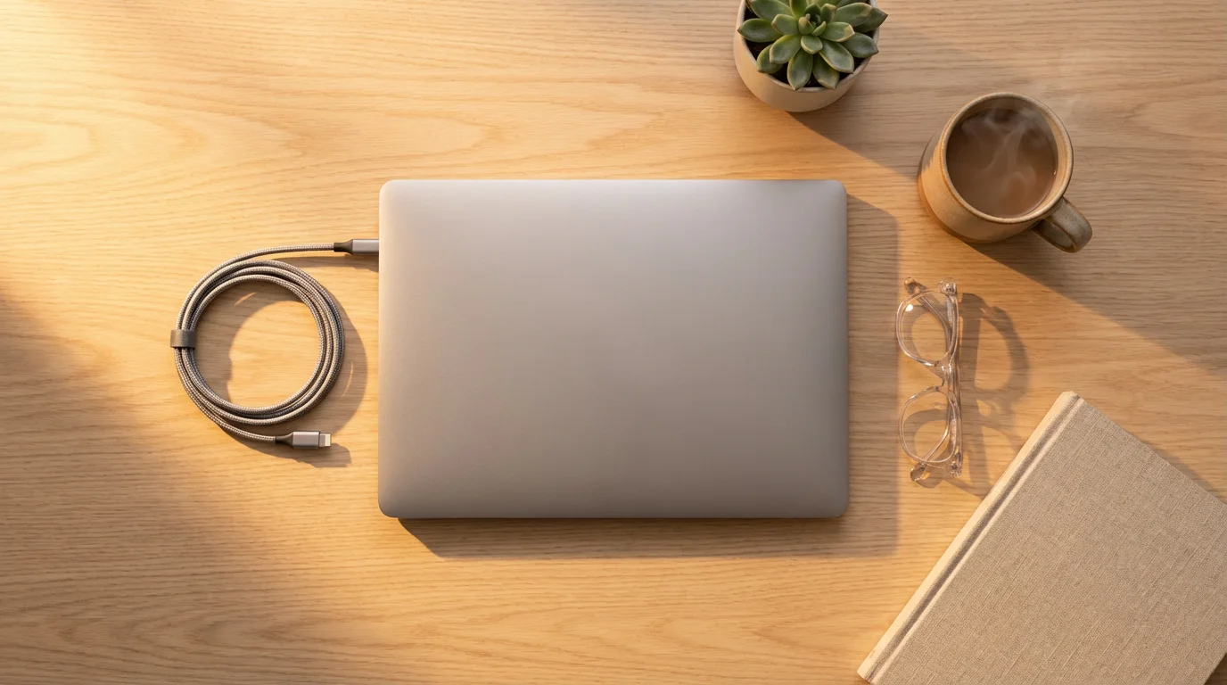 Flat lay photo of a clean, organized desk with a closed laptop and a mug of tea.