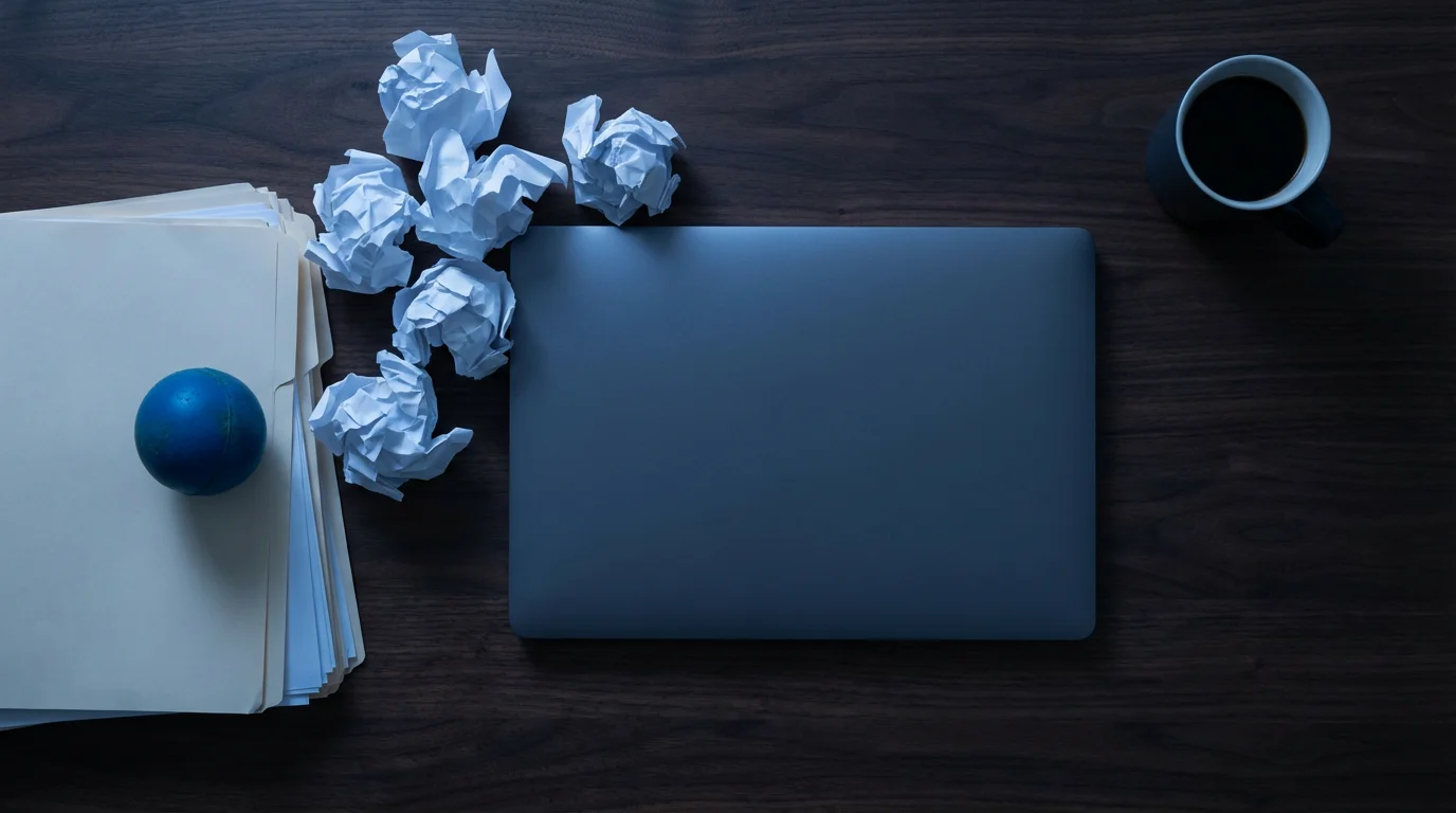 Flat lay photo of a cluttered desk with a laptop, cold coffee, and crumpled paper in blue hour.