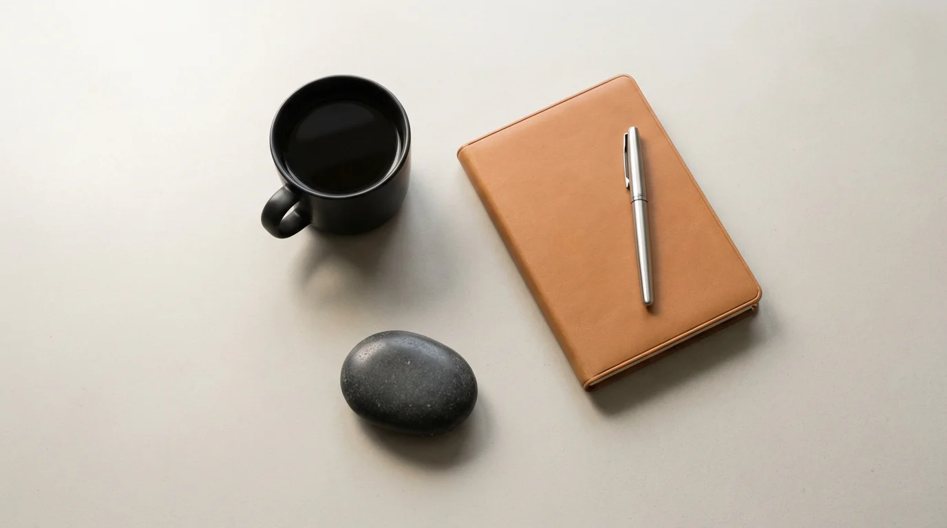 Flat lay photo of a coffee cup, journal, and stone symbolizing the brain's habit automation loop.
