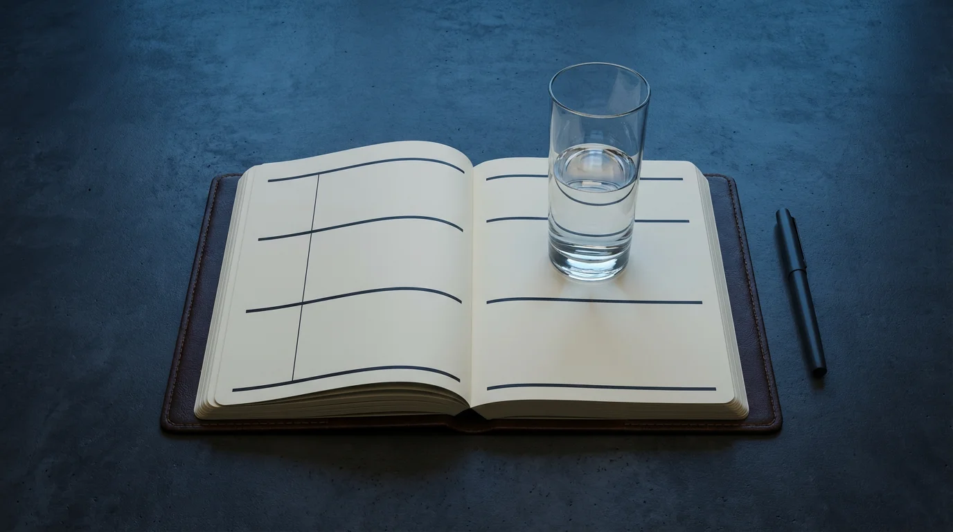 Flat lay photo of a daily planner showing intentional buffer gaps between scheduled tasks and a glass of water.