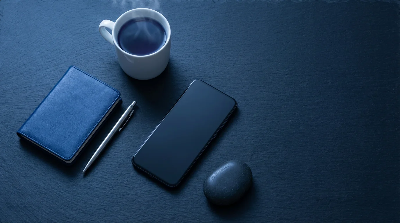 Flat lay photo of a face-down smartphone next to a journal, tea, and stone during blue hour.