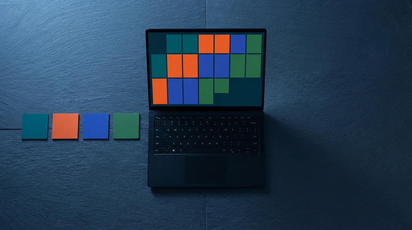 Flat lay photo of a laptop displaying a highly organized, color-coded digital schedule during blue hour.