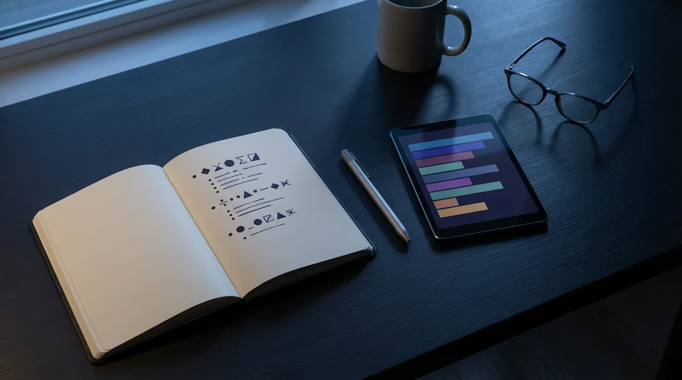 Flat lay photo of a notebook and tablet on a dark desk during blue hour, representing organized action items.