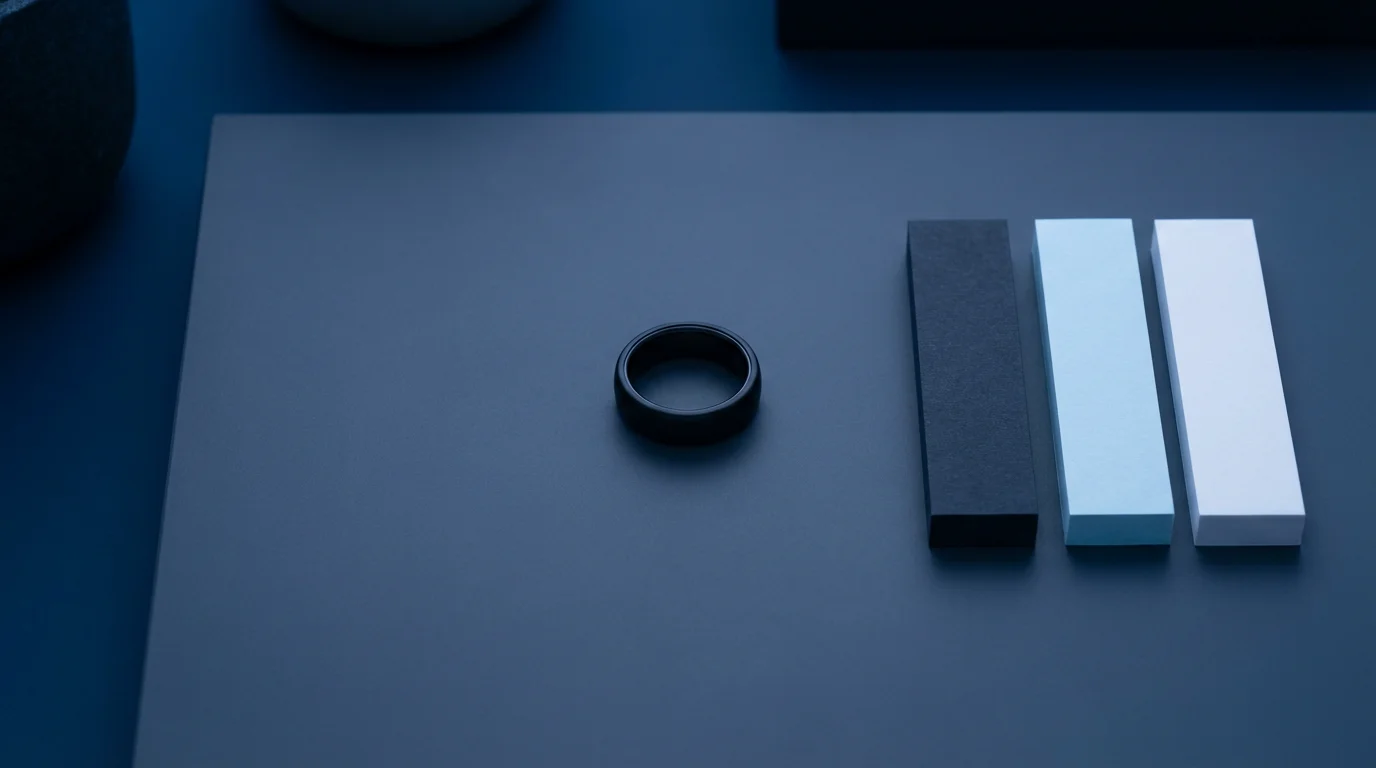 Flat lay photo of a smart tracking ring and abstract colored blocks symbolizing measured energy and focus.