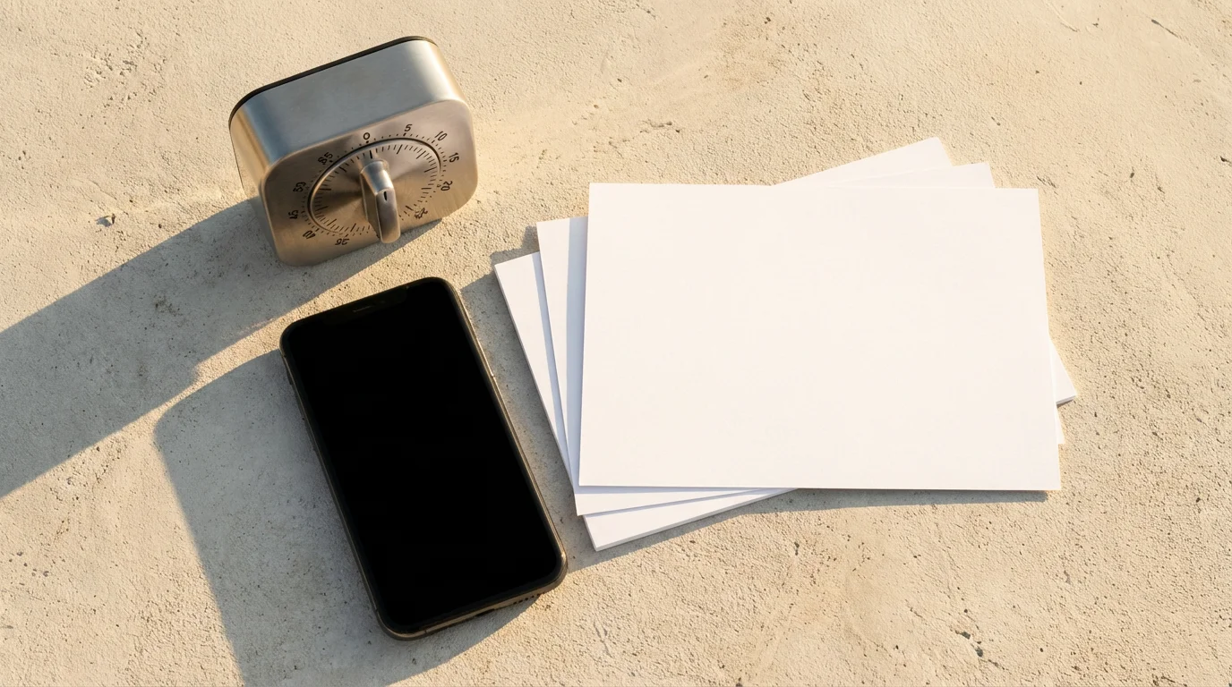 Flat lay photo of a smartphone, analog timer, and white cards defining a check-in time block in warm golden light.