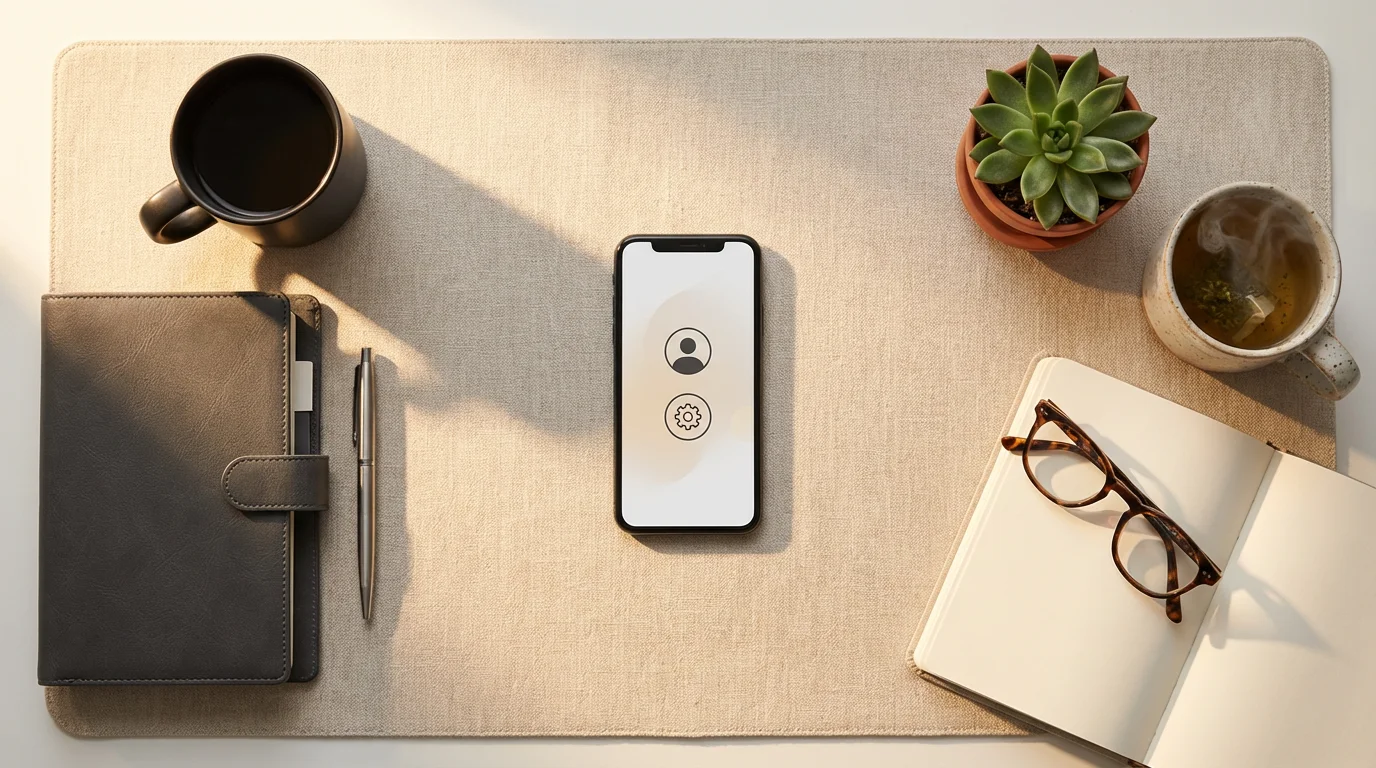 Flat lay photo of a smartphone centered between work tools and mindful items in warm golden hour light.
