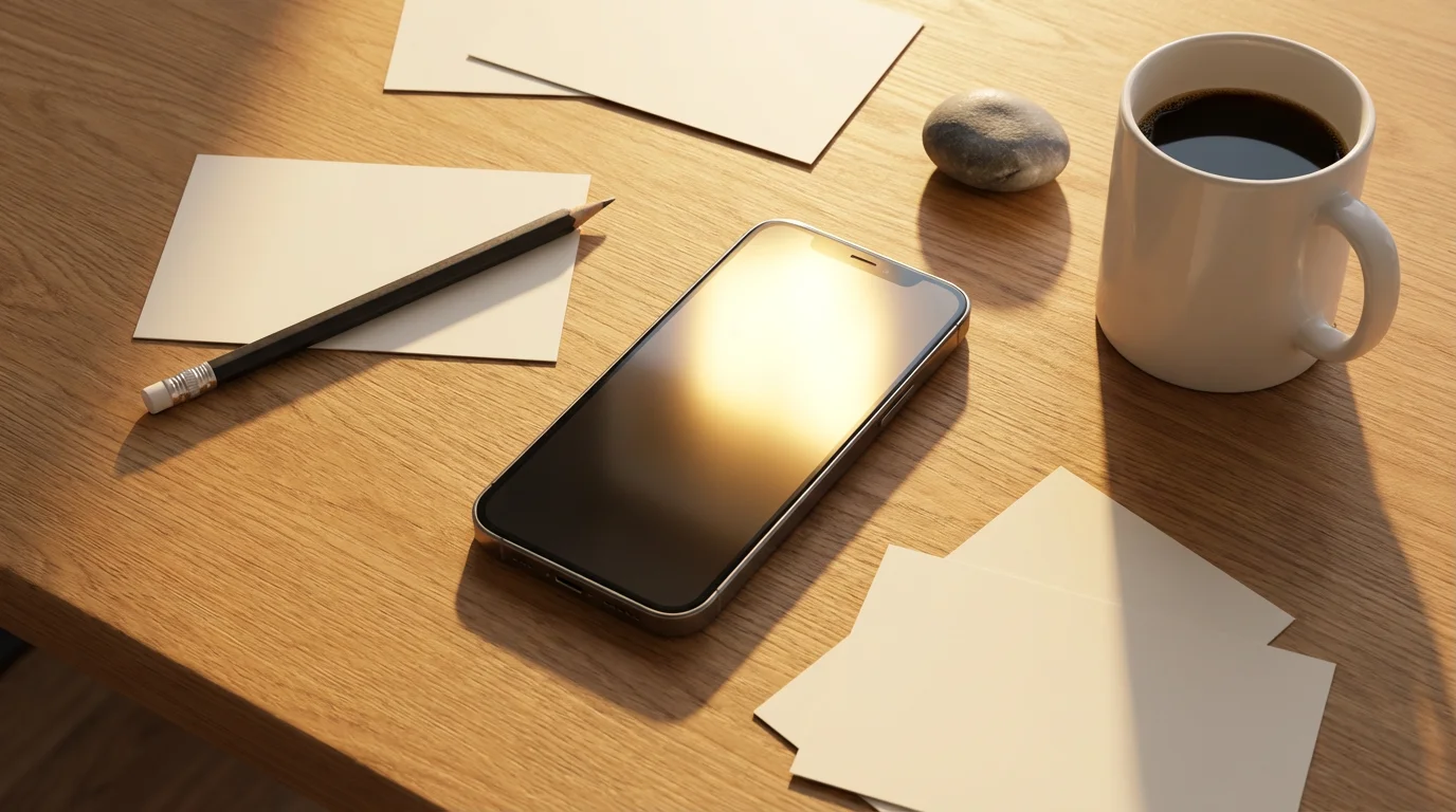 Flat lay photo of a smartphone, note cards, and pencil on a warm wooden desk during golden hour.