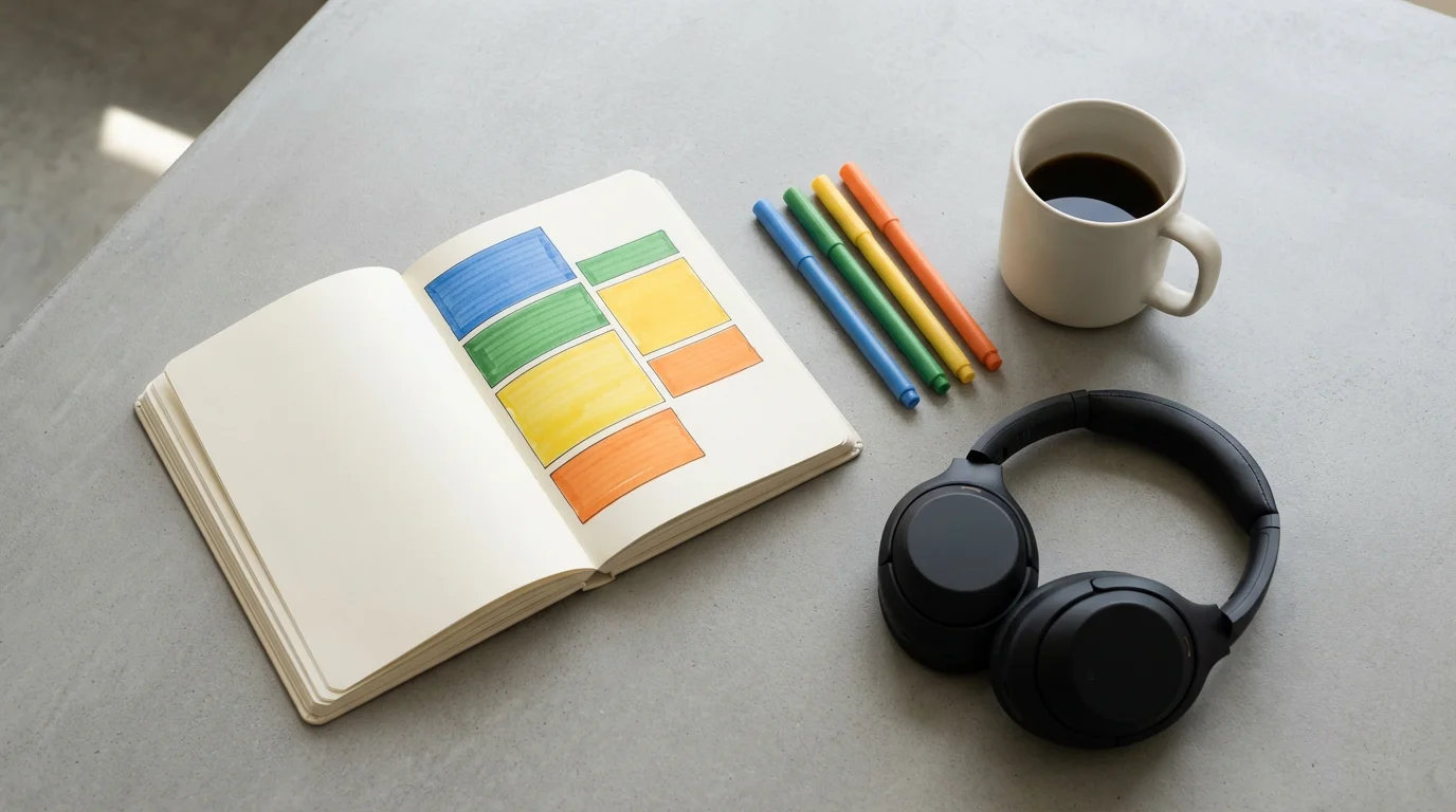 Flat lay photo of a time-blocked planner, markers, coffee, and headphones on a minimalist desk.