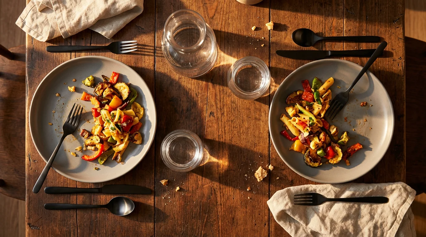 Flat lay photo of a warm, screen-free dinner table set for two during golden hour.