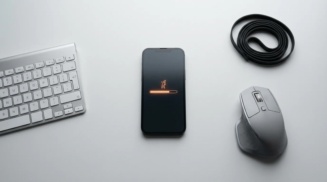 Flat lay photo of an office desk showing a smartphone with a break reminder and a resistance band.