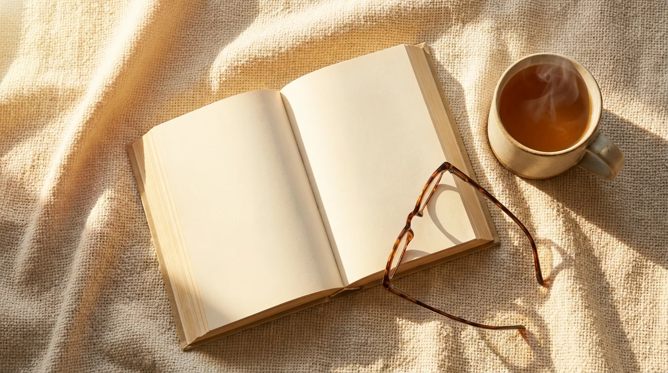 Flat lay photo of an open book and steaming tea mug on a textured linen blanket in warm golden hour light.