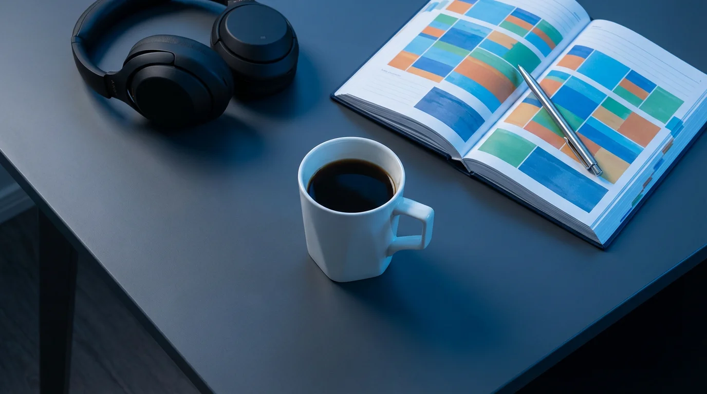 Flat lay photo of coffee, color-coded planner, and headphones on a grey desk in blue hour light.