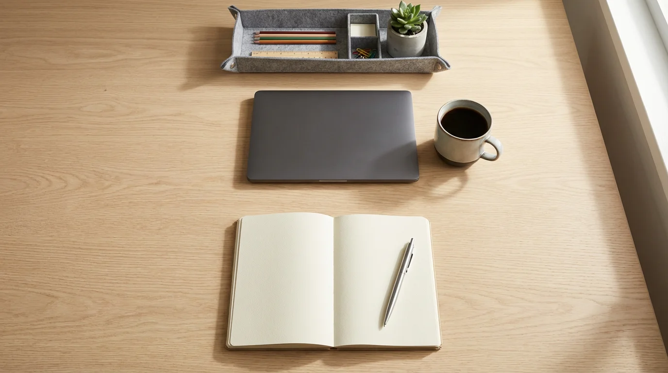 Flat lay photo of organized desk workspace divided into zones for primary and secondary tools.