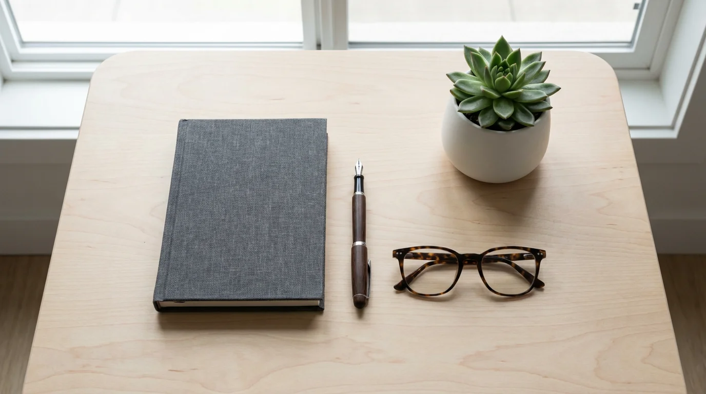 Flat lay photo of organized minimalist desk with journal, pen, glasses, and plant.