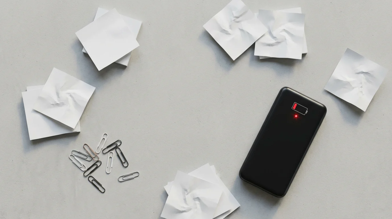 Flat lay photo of scattered tasks and an empty battery pack symbolizing severe cognitive fatigue and attention drain.