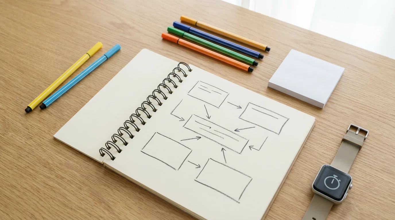 Flat lay photo of structured brainstorming materials: notebook, colored pens, and a timer on a study table.