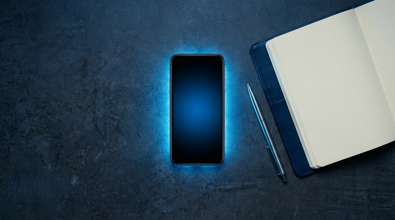 Flat lay photo showing a glowing smartphone dominating an ignored leather notebook under cool blue hour light.