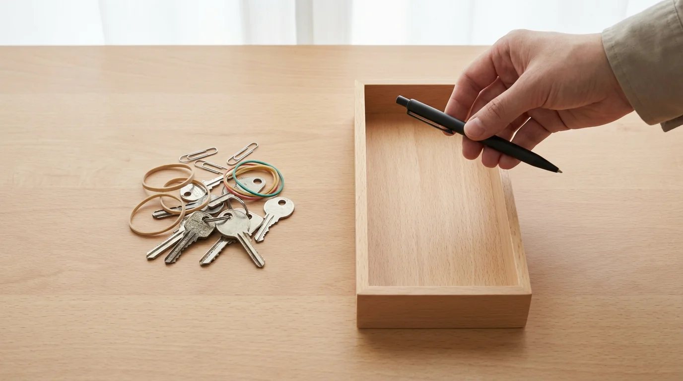 Flat lay photo showing a hand sorting a small pile of drawer clutter next to a clean organization tray.