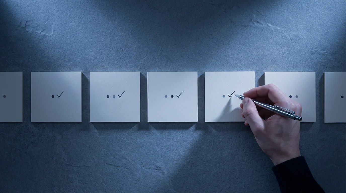 Flat lay photo showing a hand tracking daily input goals with consistent markings on sequential cards during blue hour.