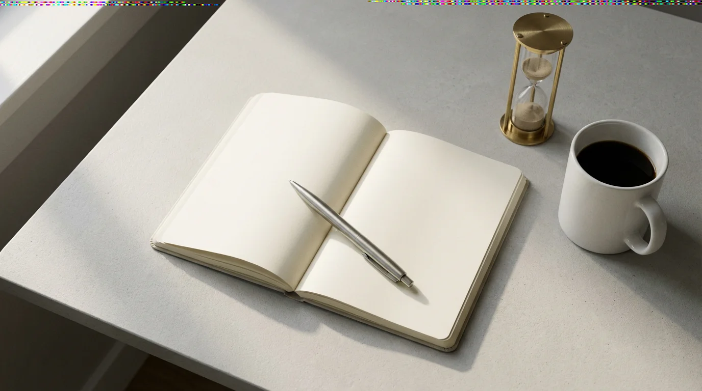 Flat lay photo showing a planner, pen, sand timer, and coffee for deep work ritual preparation.