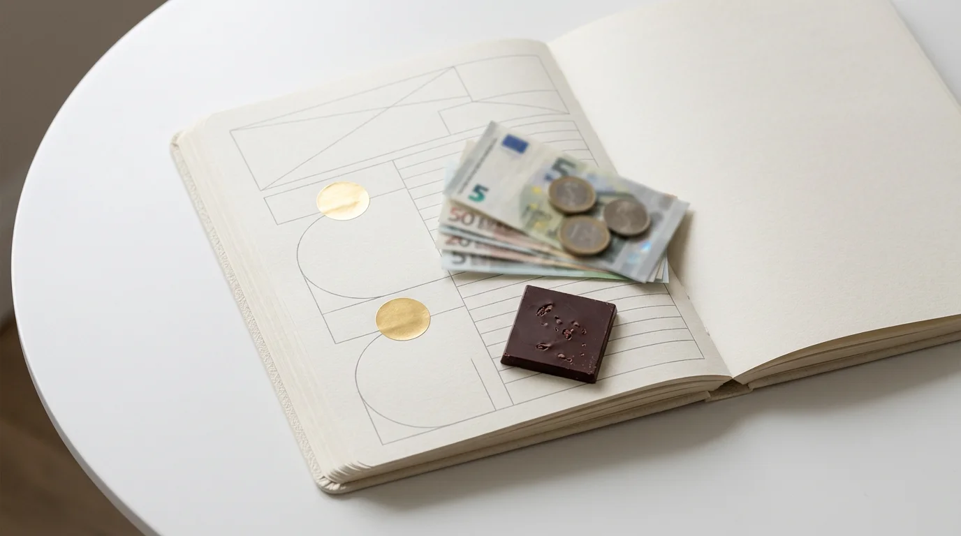 Flat lay photo showing a planner with gold stickers marking financial progress milestones and a chocolate reward.