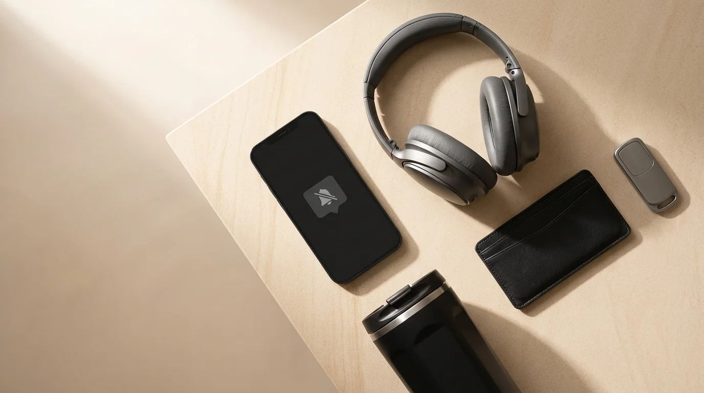 Flat lay photo showing a smartphone, wireless headphones, and car key fob representing smart notification modes.