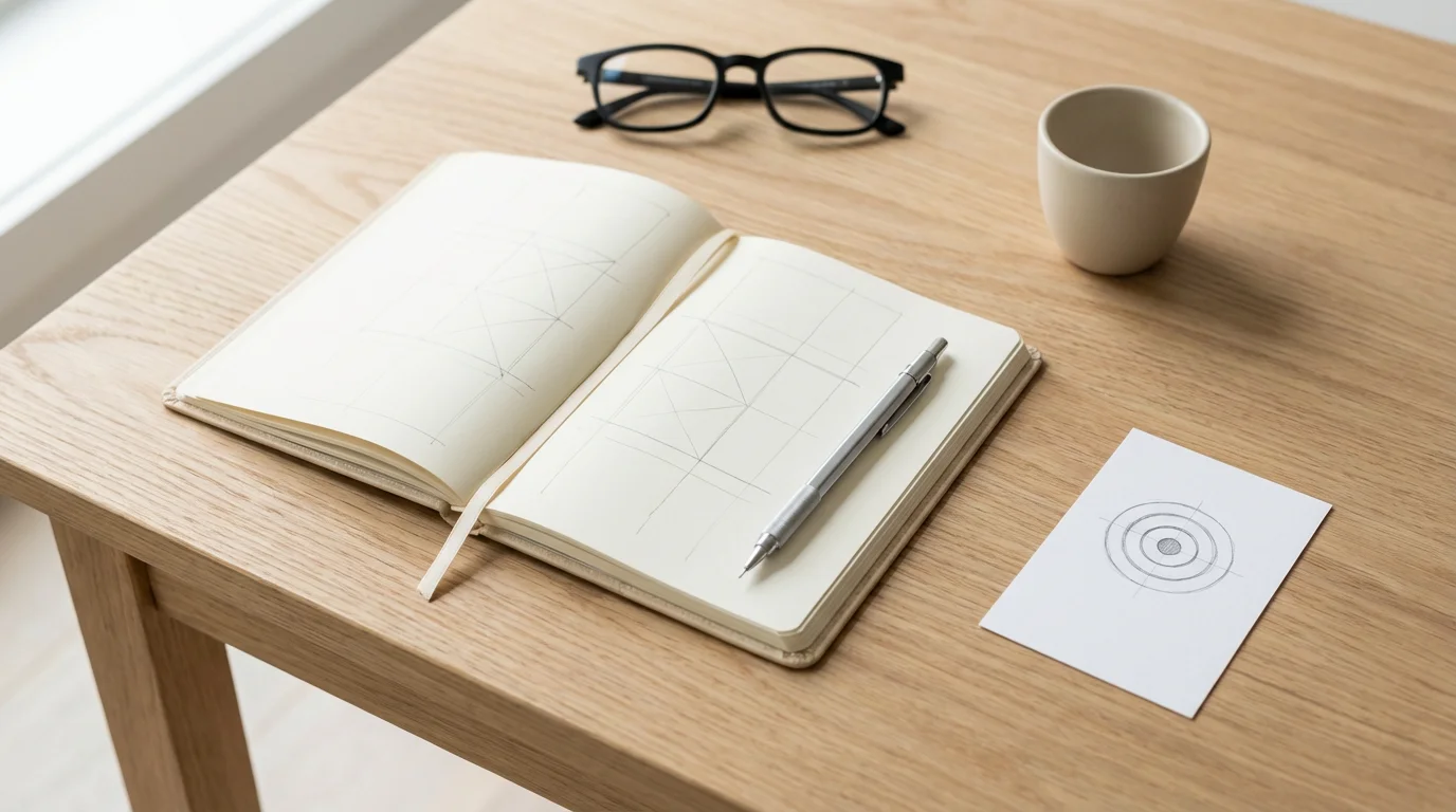 Flat lay photo showing a structured notebook, mechanical pencil, and index card for brainstorming preparation.
