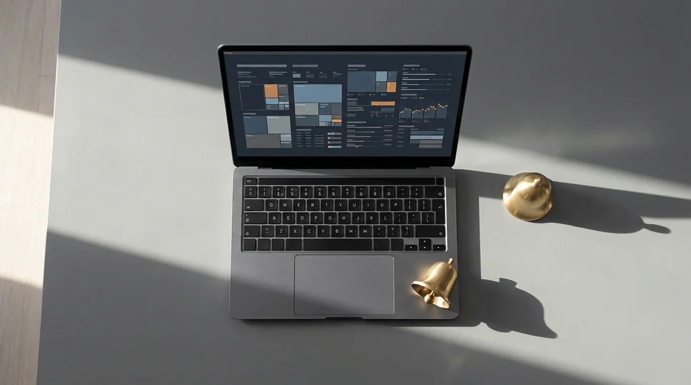 Flat lay photo showing focused work setup with laptop, closed report on screen, and symbolic notification object turned face down.