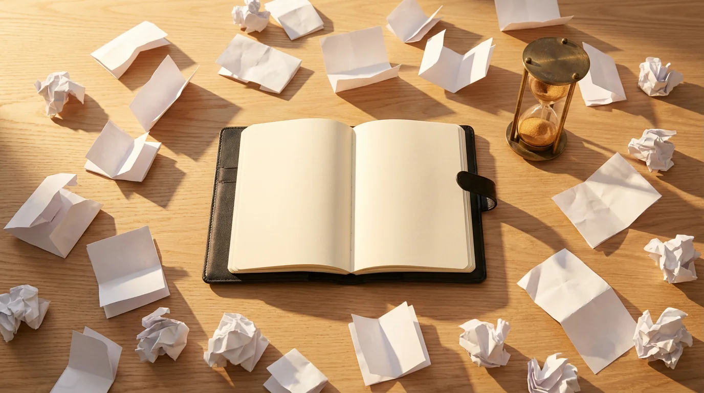 Flat lay photo showing scattered, crumpled papers surrounding a focused journal, representing email distraction and lost focus.