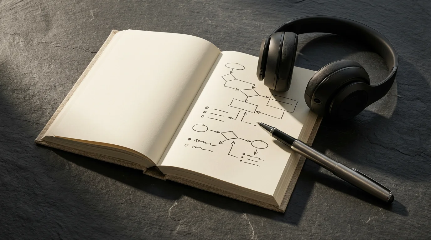 Flat lay photo showing structured remote team documentation, headset, and pen with moody shadows.