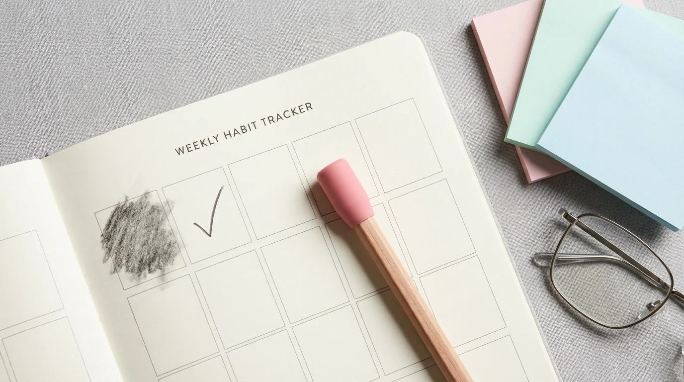 Flat lay photograph of a habit tracker sheet, pencil, and notes, symbolizing persistence and resetting.