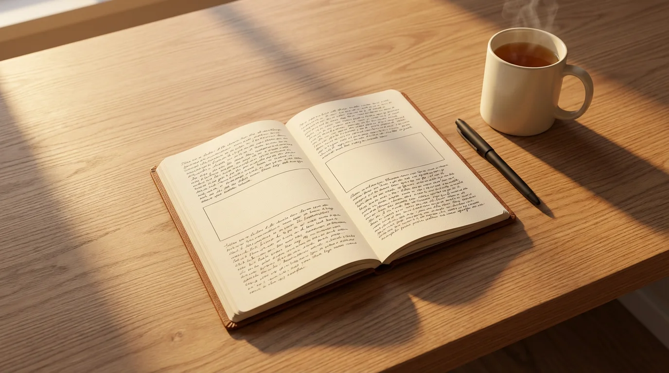 Flat lay photograph of a planner showing scheduled work blocks and empty buffer time on a warm wooden desk.