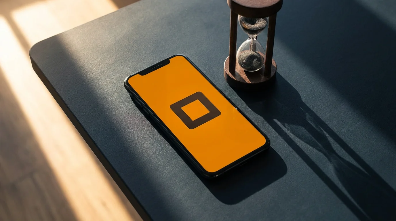 Flat lay photograph of a smartphone showing a time limit block next to an hourglass in moody afternoon shadows.