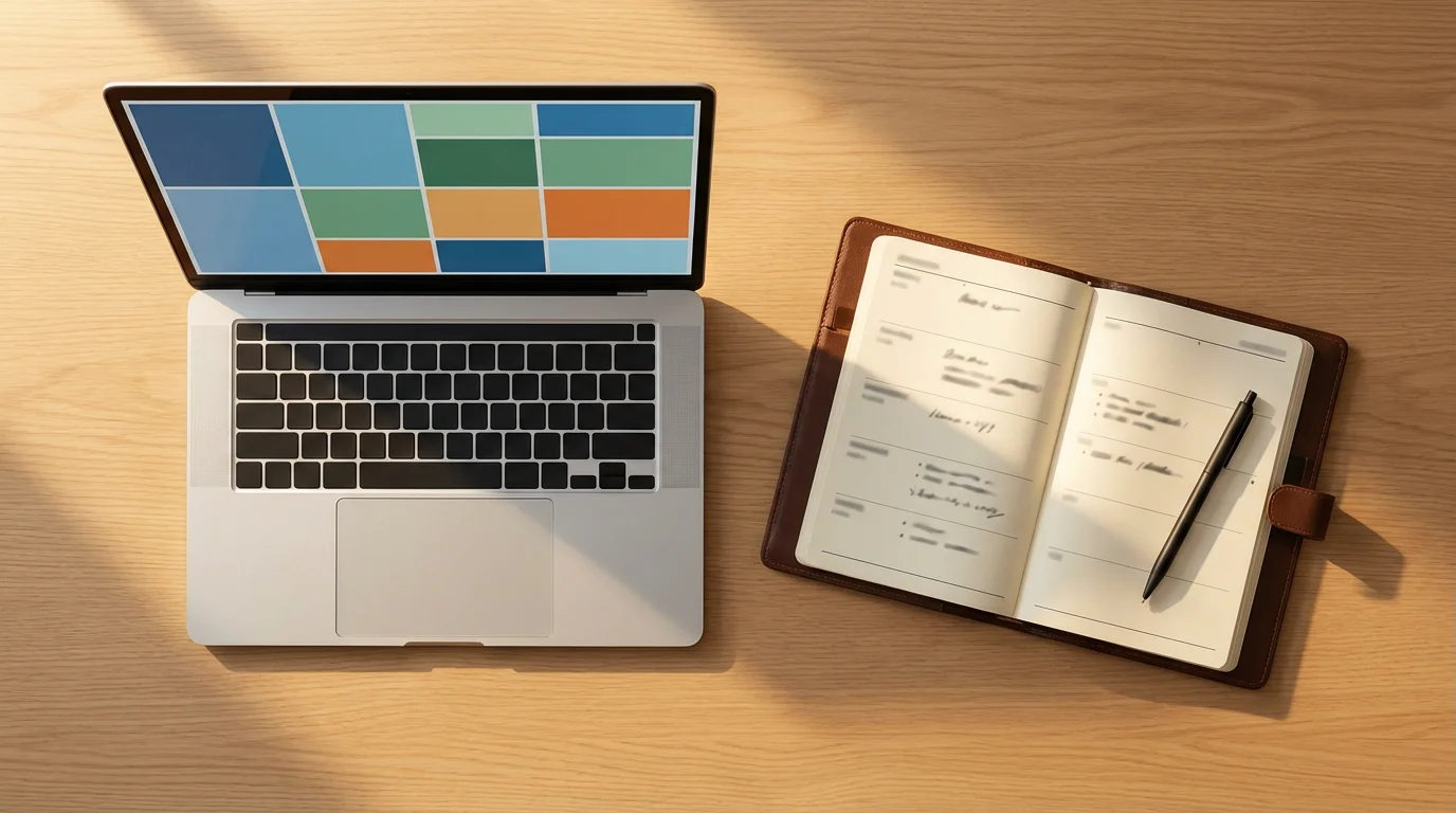 Flat lay photograph of an open laptop and a leather planner, bathed in golden hour light.