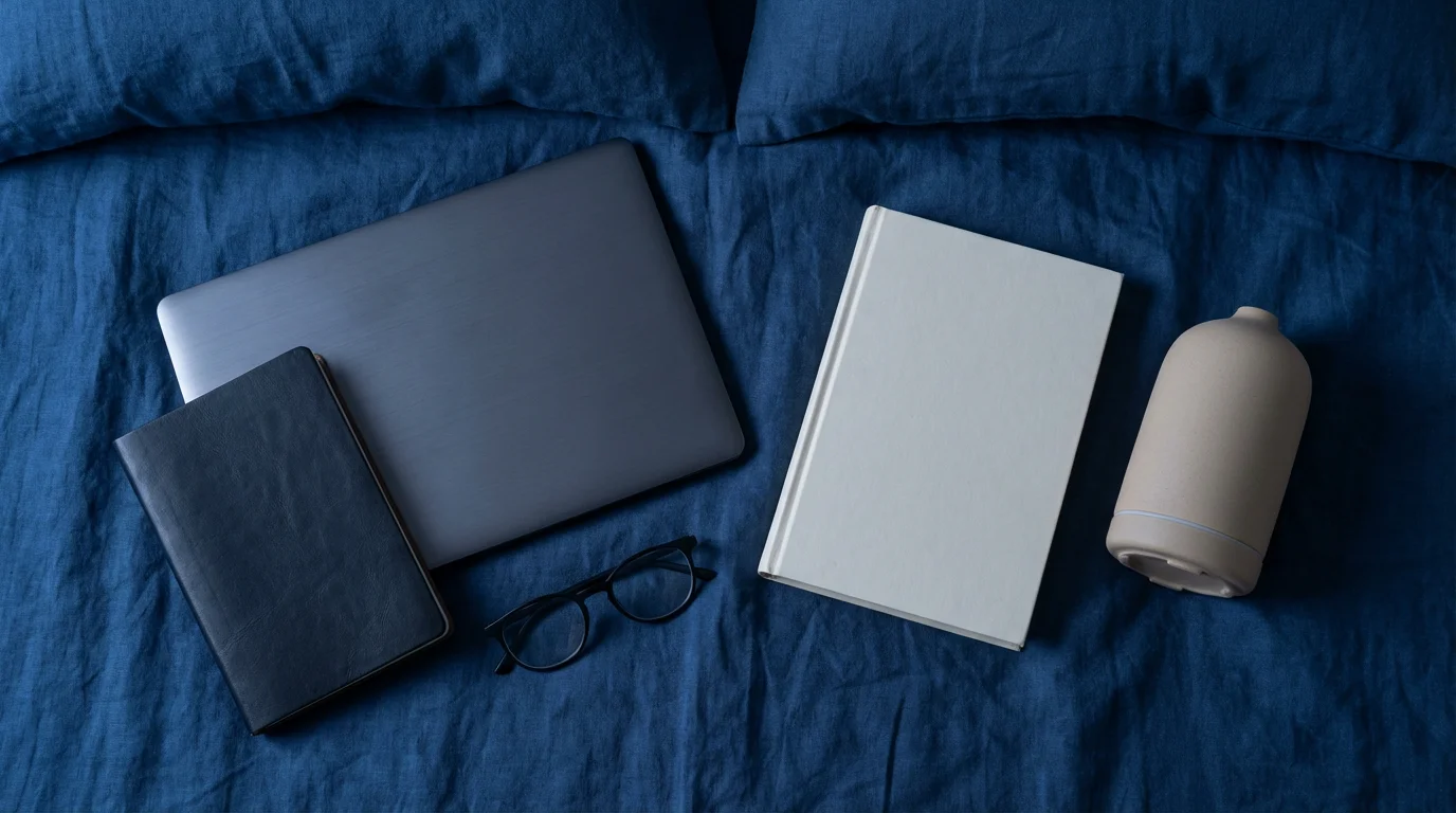 Flat lay photograph of work and rest objects on blue linen, illustrating environmental cues in the bedroom.