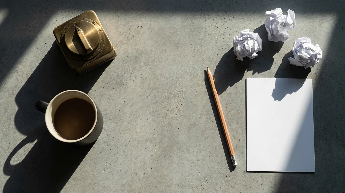 Flat lay photograph showing a brass timer and crumpled paper contrasting measured effort (input) and struggling results (output).