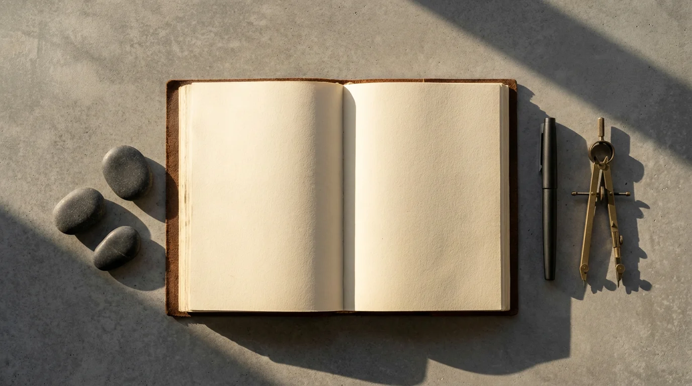 Flat lay photograph showing a journal, compass, pen, and stones with deep shadows, symbolizing advanced visualization techniques.