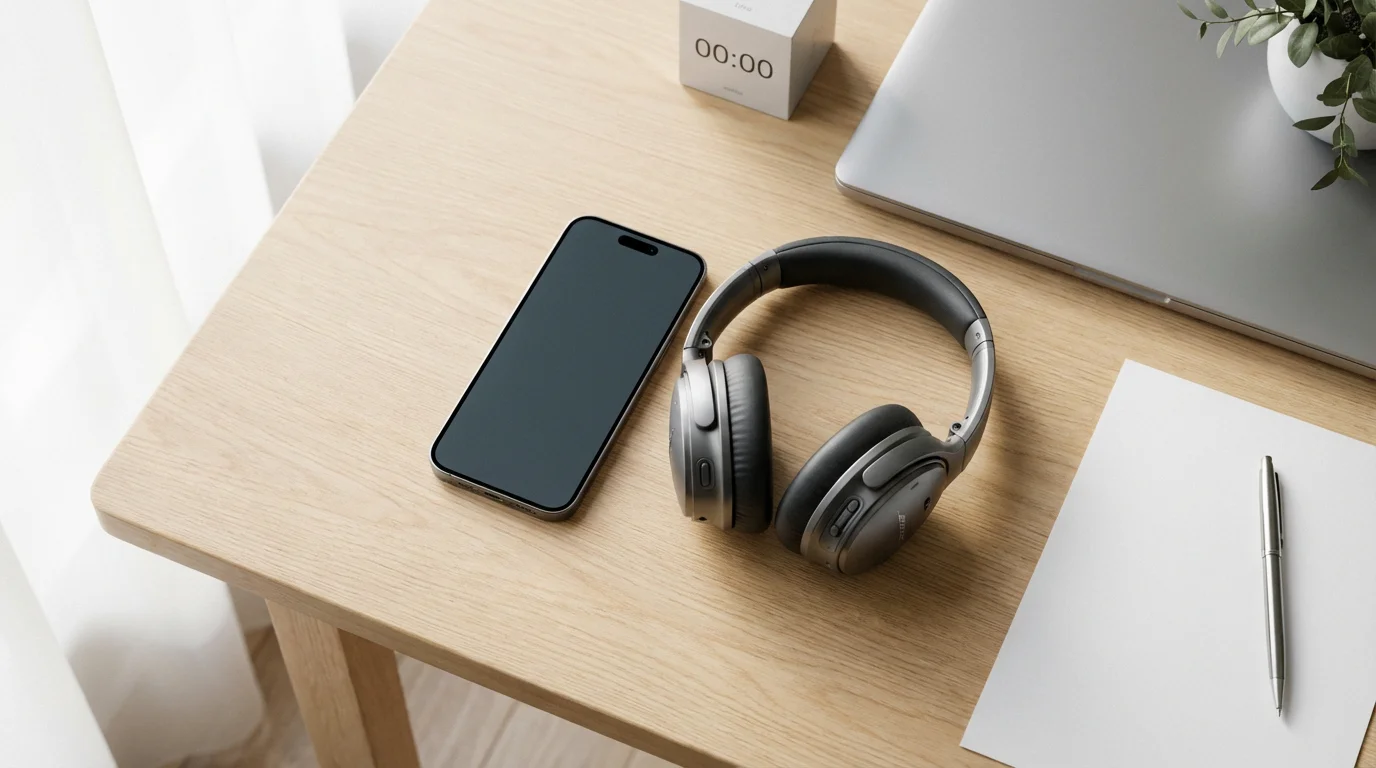 Flat lay photograph showing a muted smartphone, noise-canceling headphones, and a focus timer.