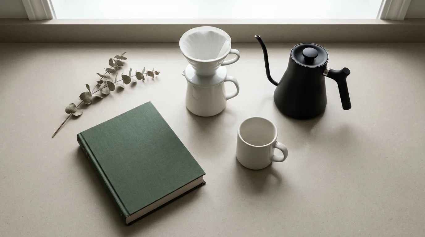 Flat lay photograph showing a slow coffee pour-over kit, a closed book, and eucalyptus on a stone surface, symbolizing digital detox.