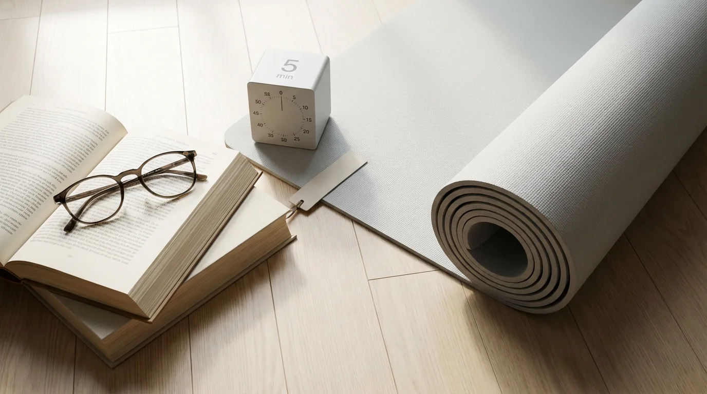 Flat lay photograph showing an open book next to a yoga mat and timer, illustrating habit stacking.