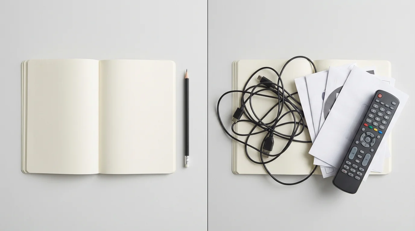 Flat lay showing a clean notebook next to a pencil contrasted with the same notebook obscured by clutter.