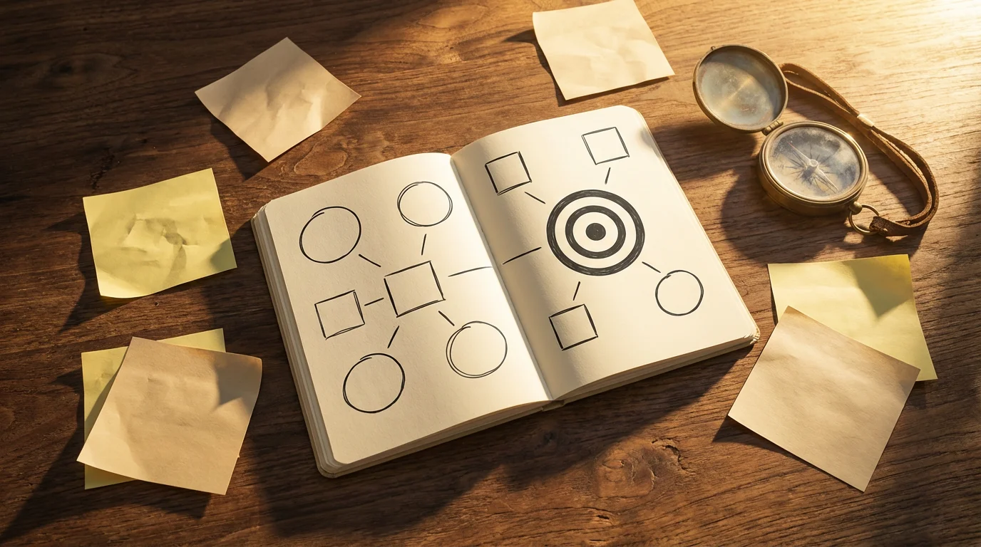 Flat lay showing a clear goal target drawn in a notebook contrasting with vague, crumpled notes and a compass.