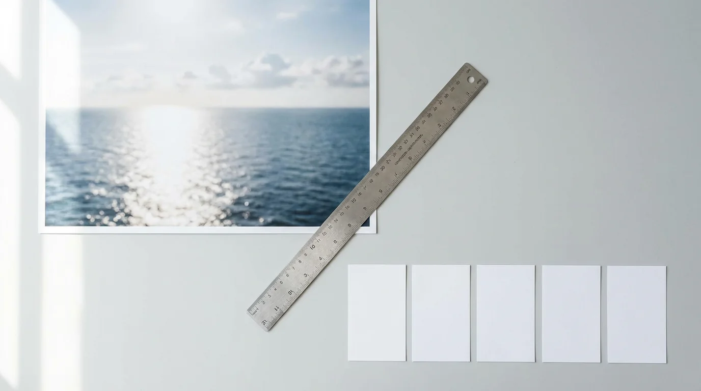 Flat lay showing a large vision photograph connected to a row of small, blank action cards by a ruler.