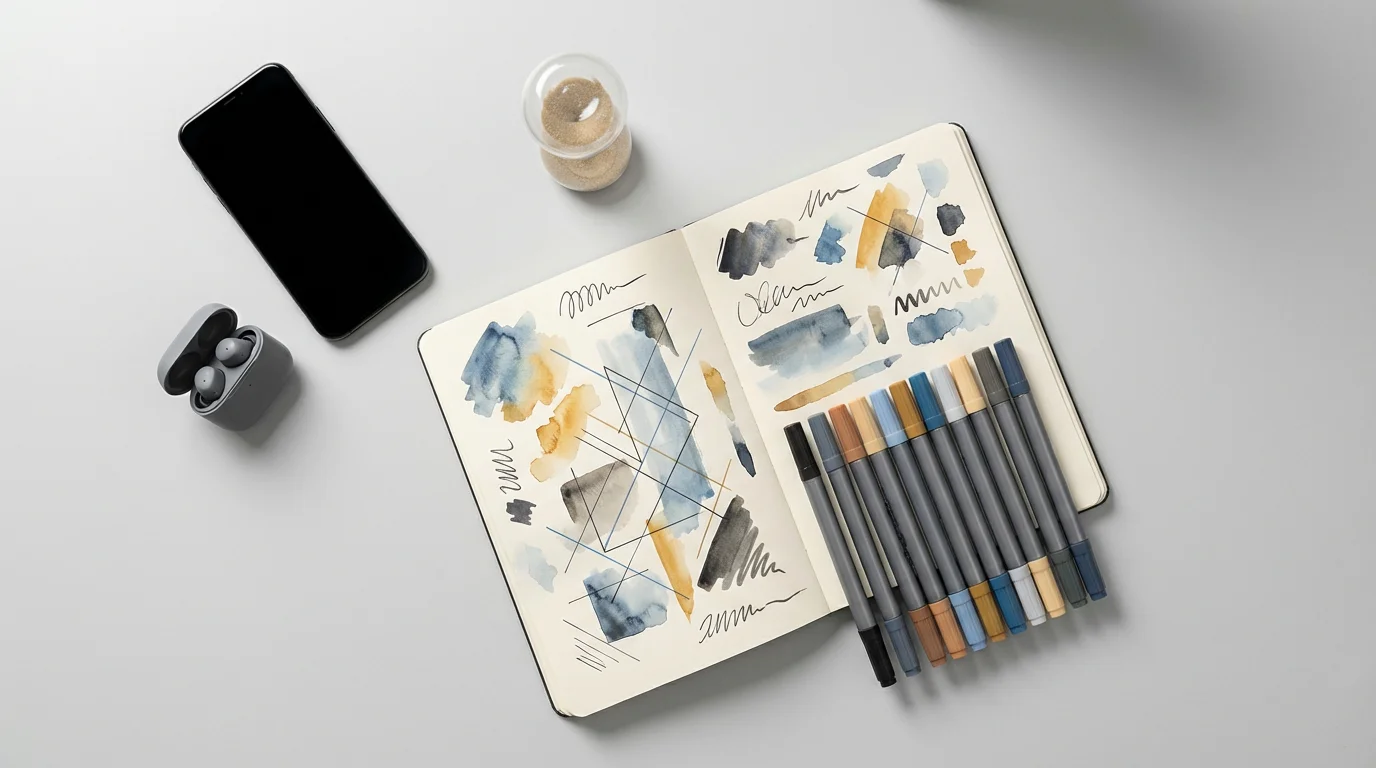 Flat lay showing a modern desk setup with a sketchbook, markers, phone, and hourglass for focused time management.