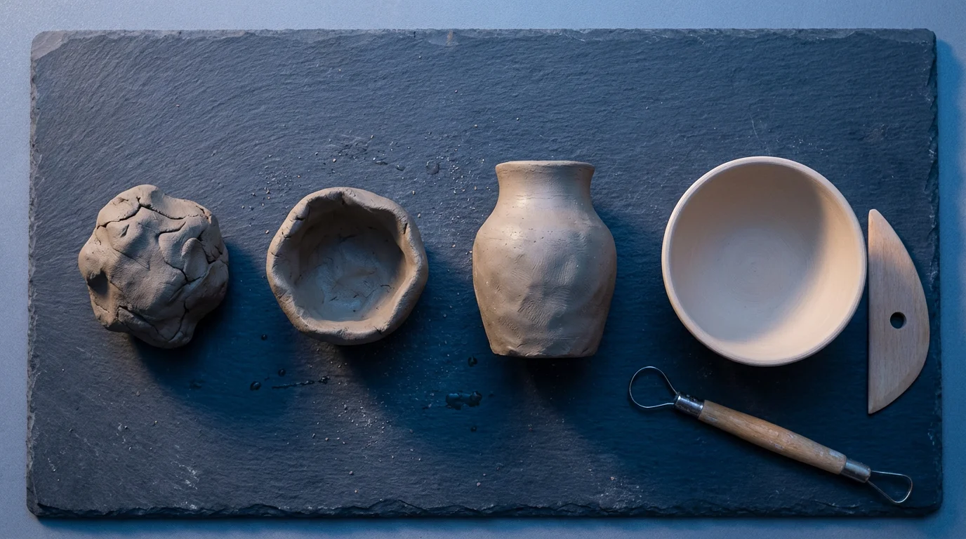 Flat lay showing four stages of clay objects, symbolizing progressive improvement and iterative process.