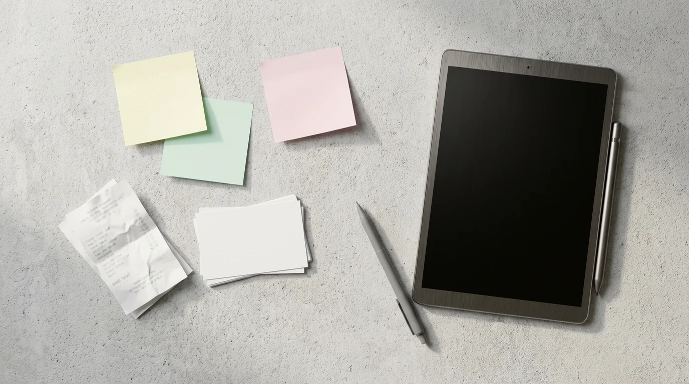 Flat lay showing physical notes, index cards, and a dark tablet on a gray desk.