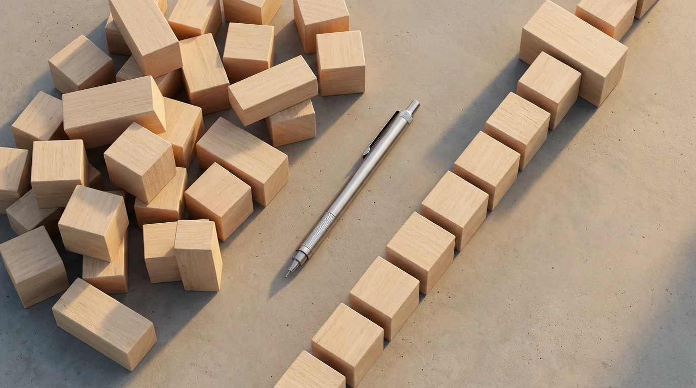 Flat lay showing wooden geometric blocks transitioning from a scattered pile to a neat, linear organized path.