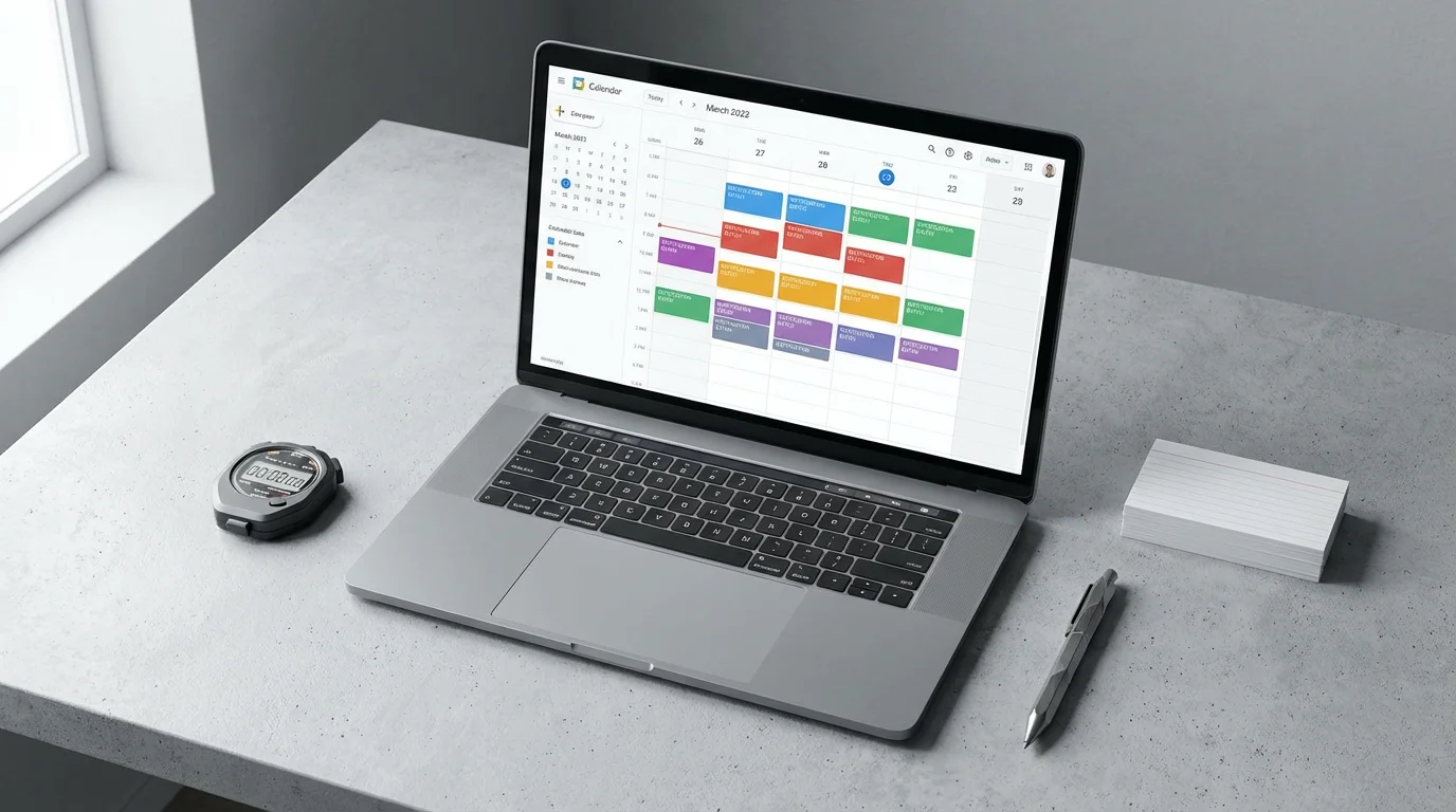 Focused digital workspace flat lay showing a laptop schedule and timer for managing batched notifications.