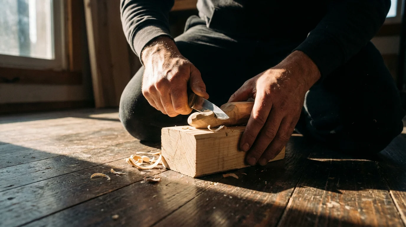 Focused hands carving a block of light wood using a knife, dramatically lit by afternoon shadows.