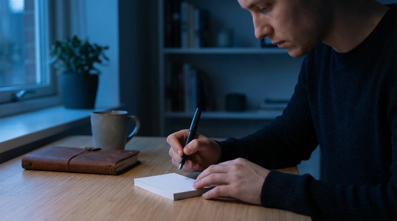 Focused individual beginning a note-taking habit, writing on index cards during the cool blue hour.